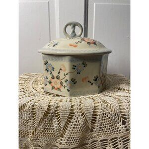 Vintage 1970s Polish Hand-Painted Ceramic Floral Lidded Dish Cottage